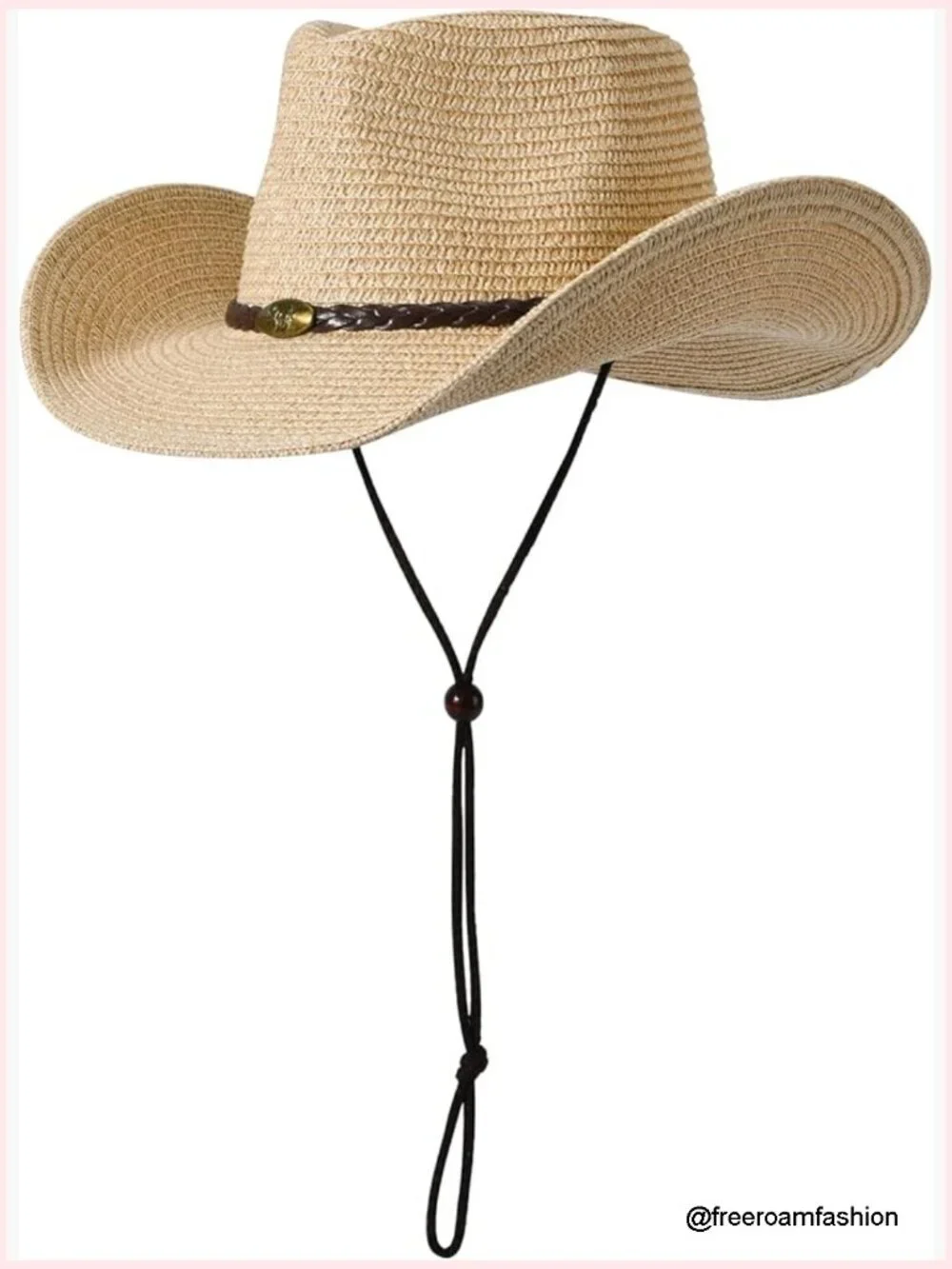 Wide Brim Straw Cowboy Hat with Chin Strap for Sun Protection